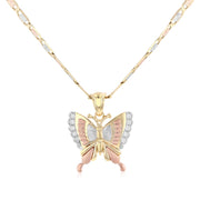 14K Gold CZ Butterfly Charm Pendant with 3.3mm Valentino Star Diamond Cut Chain Necklace