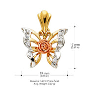 14K Gold CZ Butterfly Charm Pendant with 3.4mm Hollow Cuban Chain Necklace