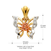 14K Gold CZ Butterfly Charm Pendant with 3.4mm Hollow Cuban Chain Necklace
