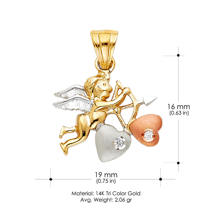 14K Gold CZ Cupid Charm Pendant with 3.1mm Figaro 3+1 Chain Necklace