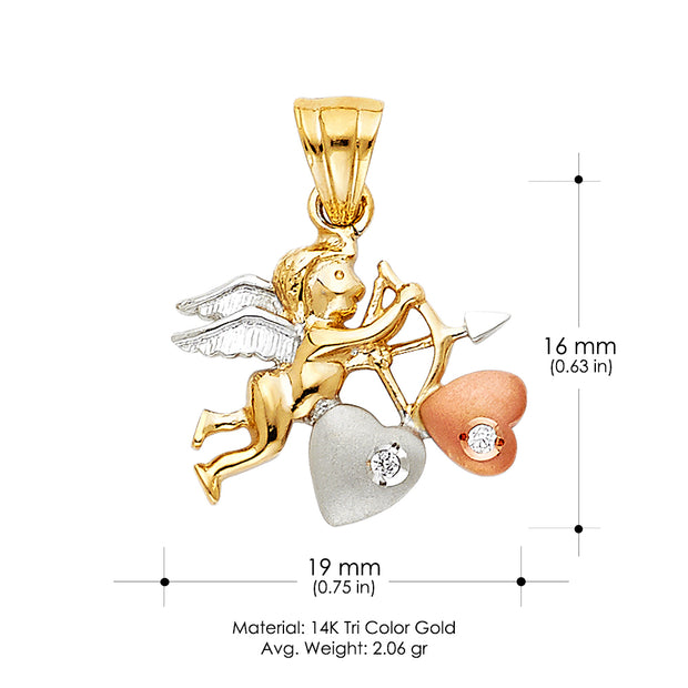 14K Gold CZ Cupid Charm Pendant with 0.8mm Box Chain Necklace