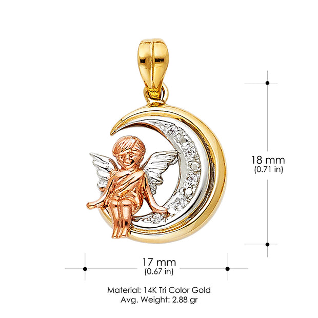 14K Gold CZ Angel Charm Pendant with 3.1mm Figaro 3+1 Chain Necklace