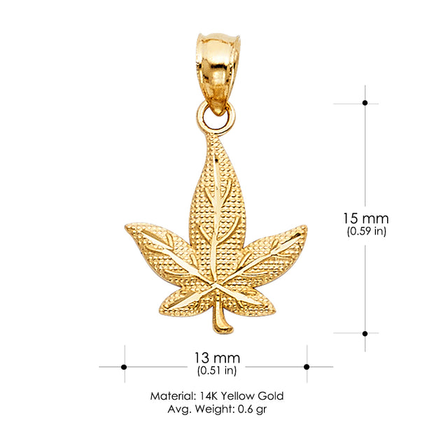 14K Gold Marijuana Leaf Charm Pendant with 1.7mm Flat Open Wheat Chain Necklace