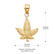 14K Gold Marijuana Leaf Charm Pendant with 1.2mm Singapore Chain Necklace