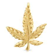 14K Gold Marijuana Leaf Charm Pendant with 1.5mm Flat Open Wheat Chain Necklace