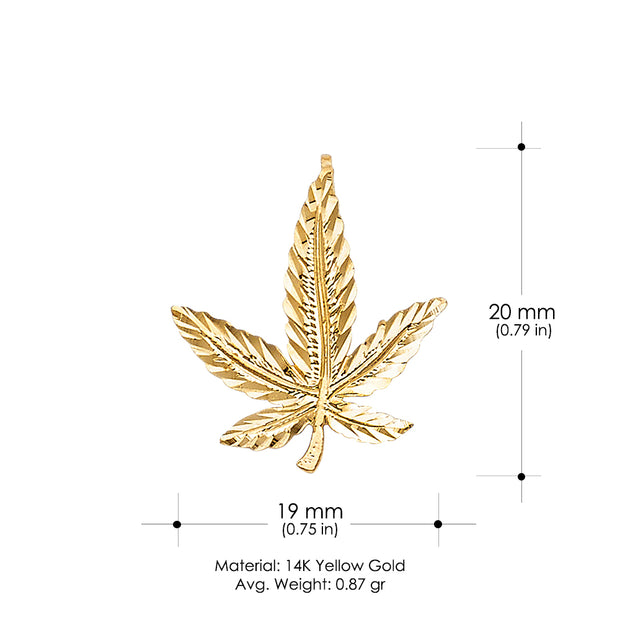 14K Gold Marijuana Leaf Charm Pendant with 1.5mm Flat Open Wheat Chain Necklace