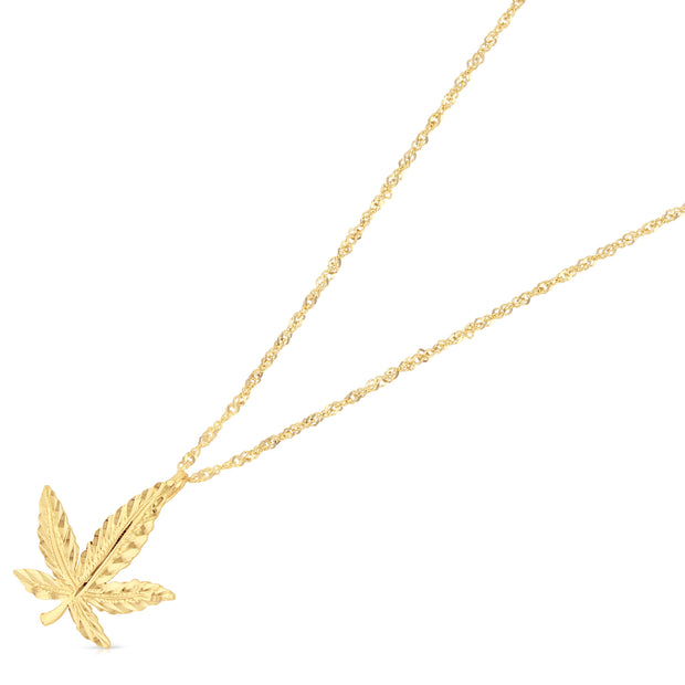 14K Gold Marijuana Leaf Charm Pendant with 1.2mm Singapore Chain Necklace