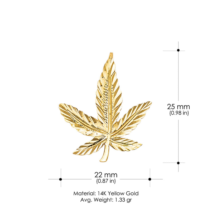 14K Gold Marijuana Leaf Charm Pendant with 1.5mm Flat Open Wheat Chain Necklace