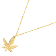 14K Gold Marijuana Leaf Charm Pendant with 1.2mm Singapore Chain Necklace