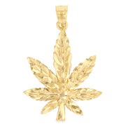 14K Gold Marijuana Leaf Charm Pendant with 2mm Flat Open Wheat Chain Necklace