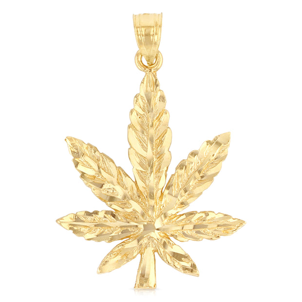 14K Gold Marijuana Leaf Charm Pendant with 1.8mm Singapore Chain Necklace