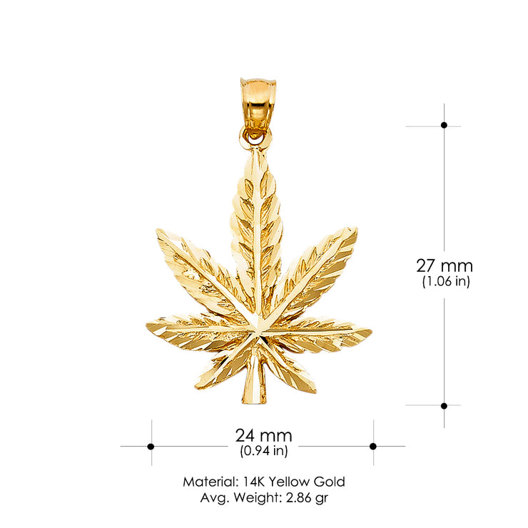 14K Gold Marijuana Leaf Charm Pendant with 1.8mm Singapore Chain Necklace