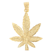 14K Gold Marijuana Leaf Charm Pendant with 2mm Flat Open Wheat Chain Necklace