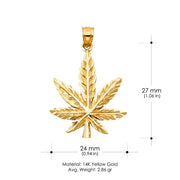 14K Gold Marijuana Leaf Charm Pendant with 2mm Flat Open Wheat Chain Necklace