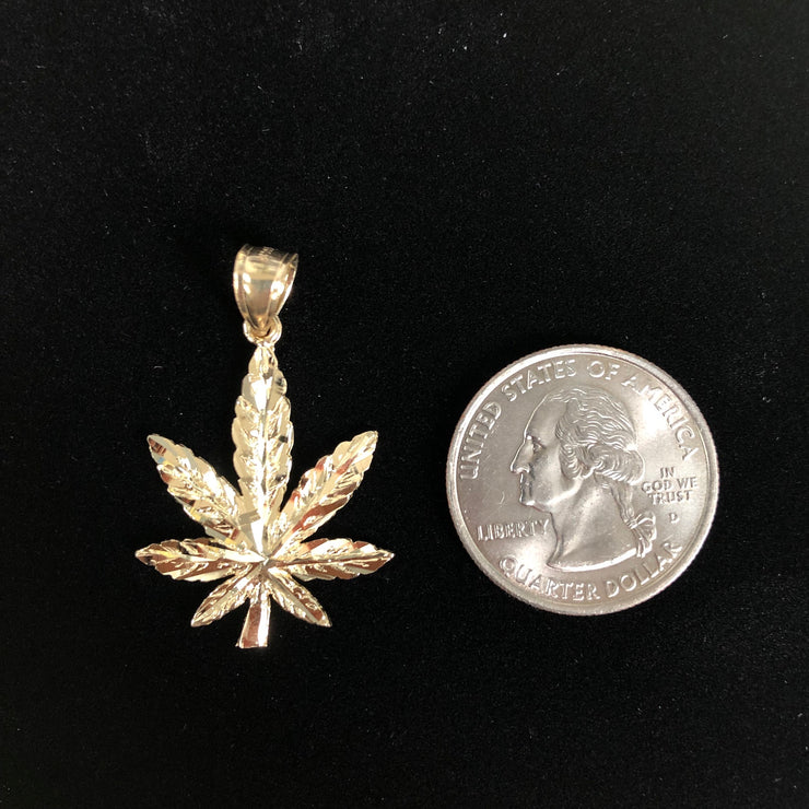 14K Gold Marijuana Leaf Charm Pendant with 2mm Flat Open Wheat Chain Necklace