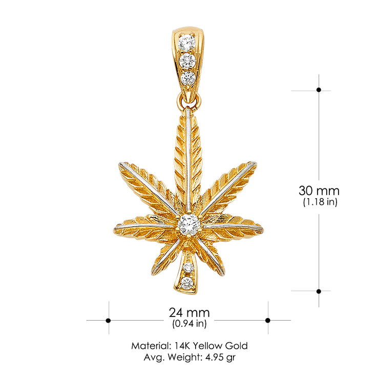 14K Gold CZ Marijuana Leaf Charm Pendant with 2mm Flat Open Wheat Chain Necklace