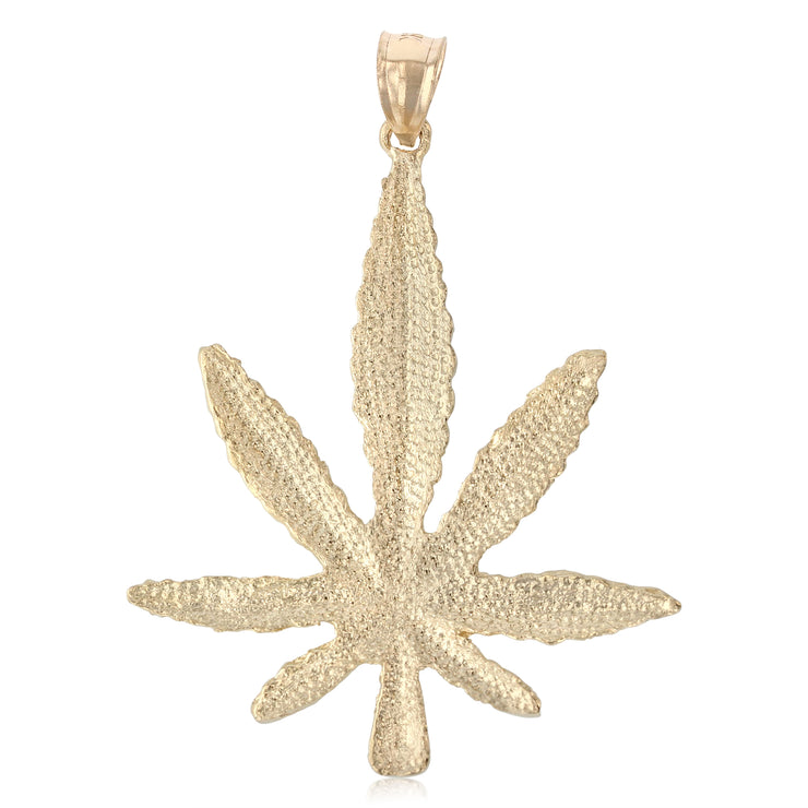 14K Gold Marijuana Leaf Charm Pendant with 2mm Flat Open Wheat Chain Necklace