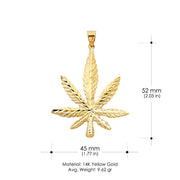 14K Gold Marijuana Leaf Charm Pendant with 2mm Flat Open Wheat Chain Necklace