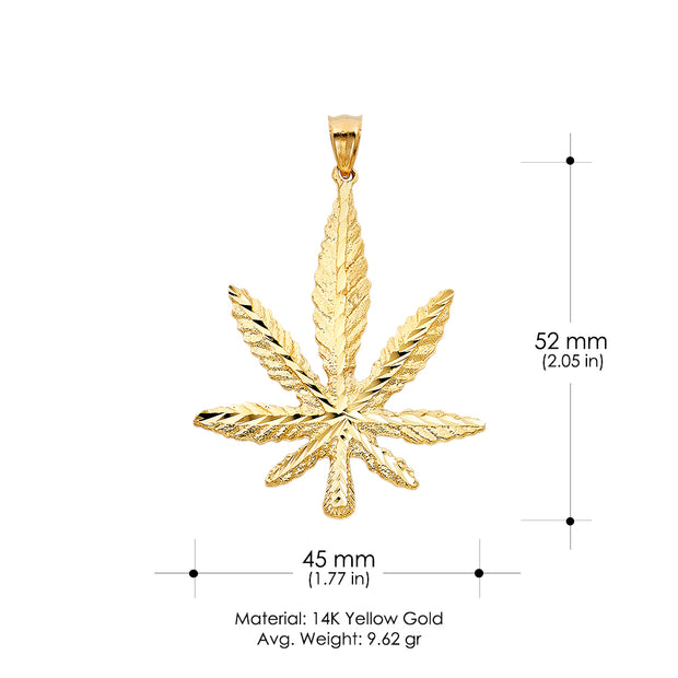 14K Gold Marijuana Leaf Charm Pendant with 2mm Flat Open Wheat Chain Necklace