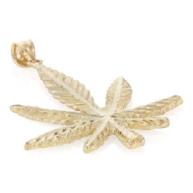 14K Gold Marijuana Leaf Charm Pendant with 2mm Flat Open Wheat Chain Necklace