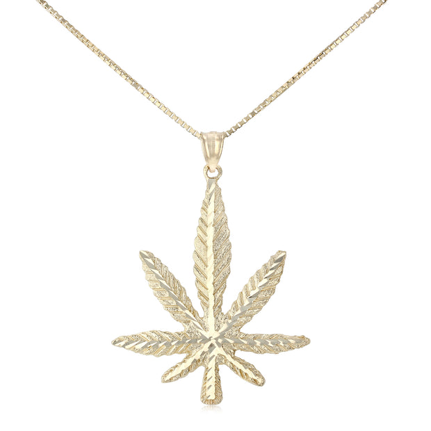 14K Gold Marijuana Leaf Charm Pendant with 1.2mm Box Chain Necklace