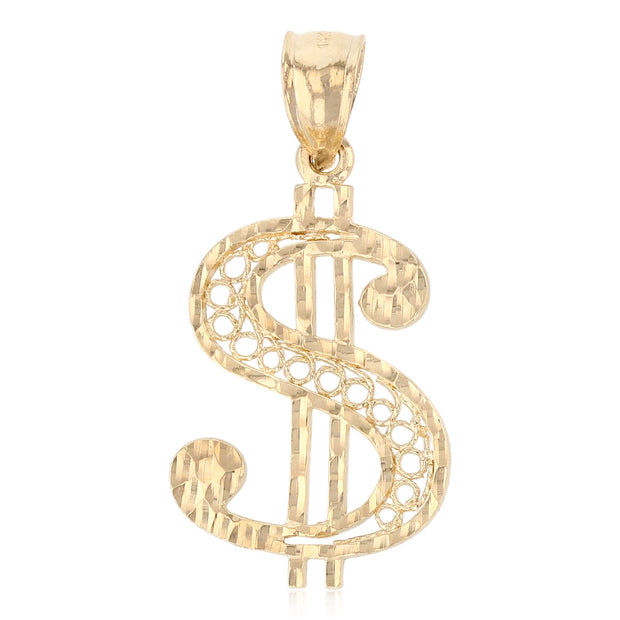 14K Gold Dollar Sign Charm Pendant with 2mm Flat Open Wheat Chain Necklace