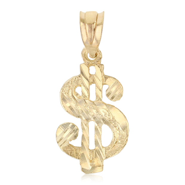 14K Gold Dollar Sign Charm Pendant with 1.5mm Flat Open Wheat Chain Necklace