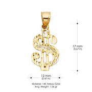 14K Gold Dollar Sign Charm Pendant with 1.5mm Flat Open Wheat Chain Necklace