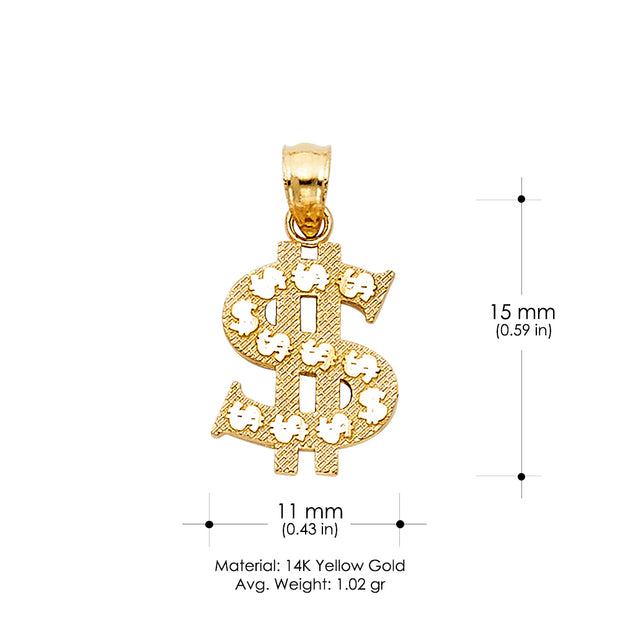 14K Gold Dollar Sign Charm Pendant with 1.2mm Singapore Chain Necklace