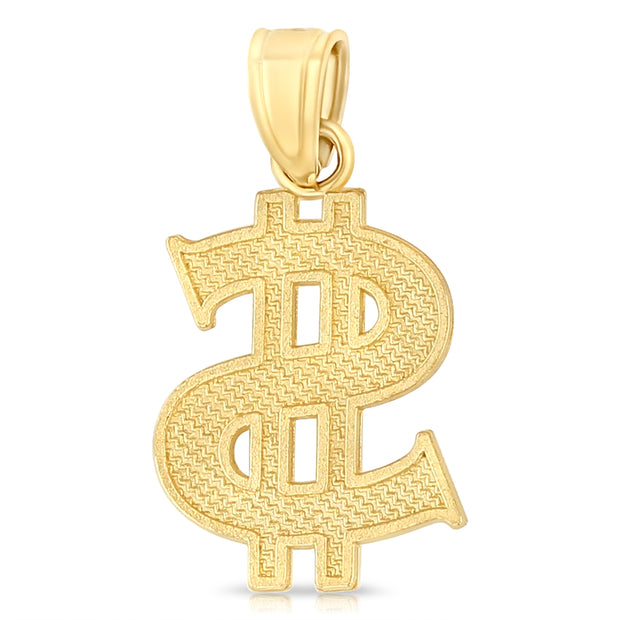 14K Gold Dollar Sign Charm Pendant with 1.7mm Flat Open Wheat Chain Necklace