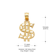 14K Gold Dollar Sign Charm Pendant with 0.8mm Box Chain Necklace