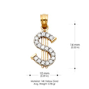 14K Gold CZ Dollar Sign Charm Pendant with 1.5mm Flat Open Wheat Chain Necklace