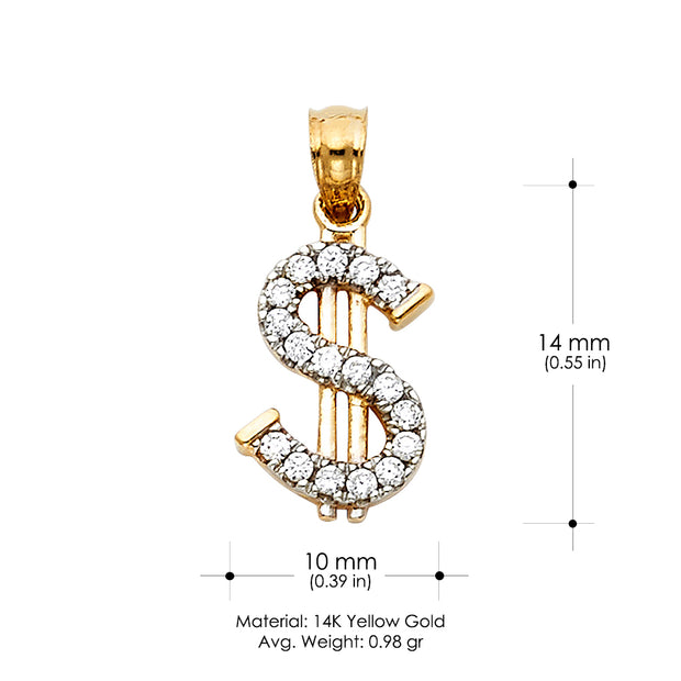 14K Gold CZ Dollar Sign Charm Pendant