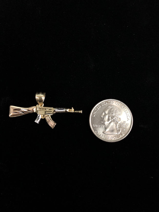 14K Gold Rifle Gun Charm Pendant with 3.4mm Hollow Cuban Chain Necklace