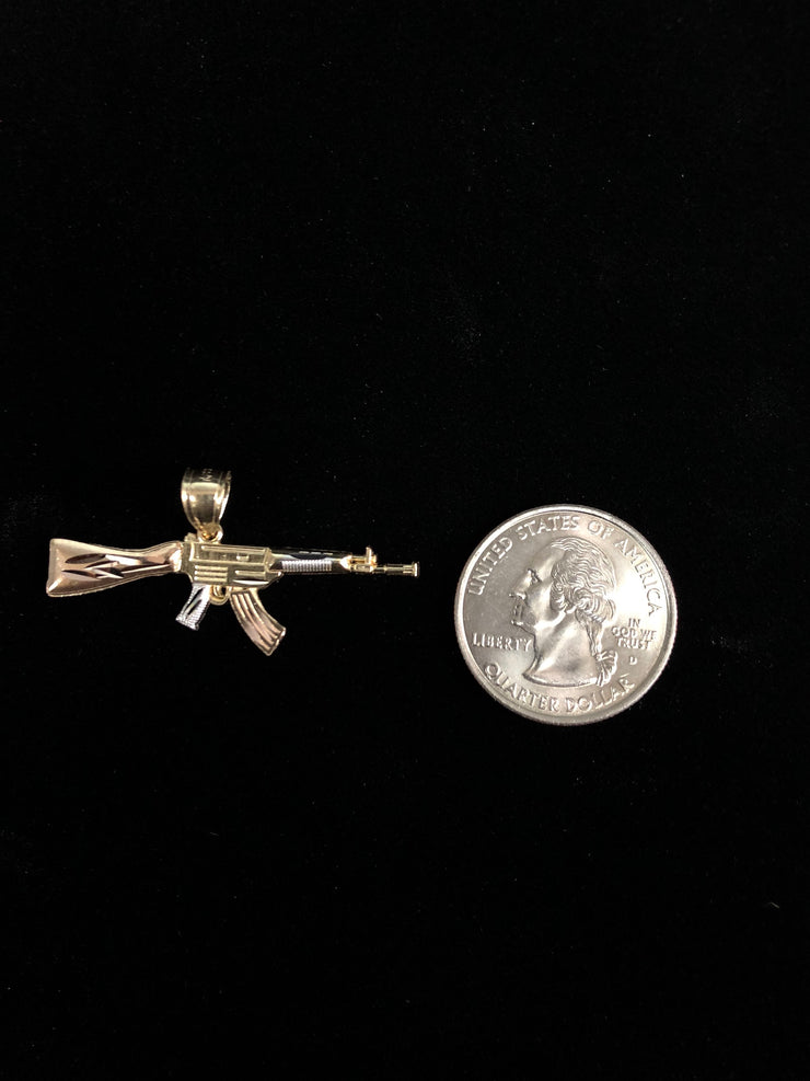 14K Gold Rifle Gun Charm Pendant with 3.4mm Hollow Cuban Chain Necklace