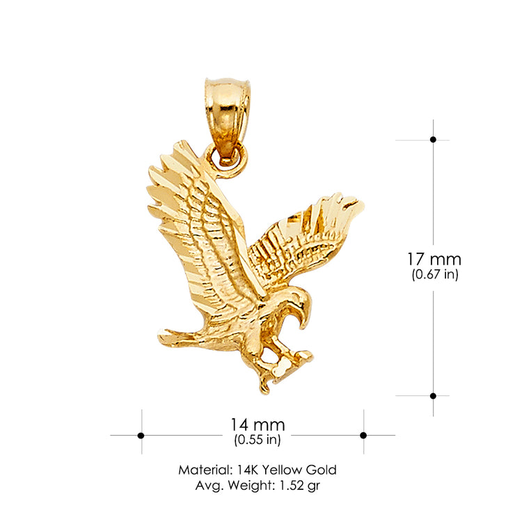 14K Gold Eagle Charm Pendant with 1.5mm Flat Open Wheat Chain Necklace