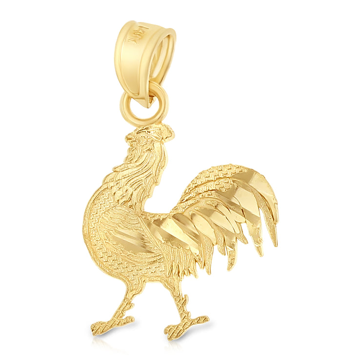 14K Gold Rooster Charm Pendant with 1.5mm Flat Open Wheat Chain Necklace