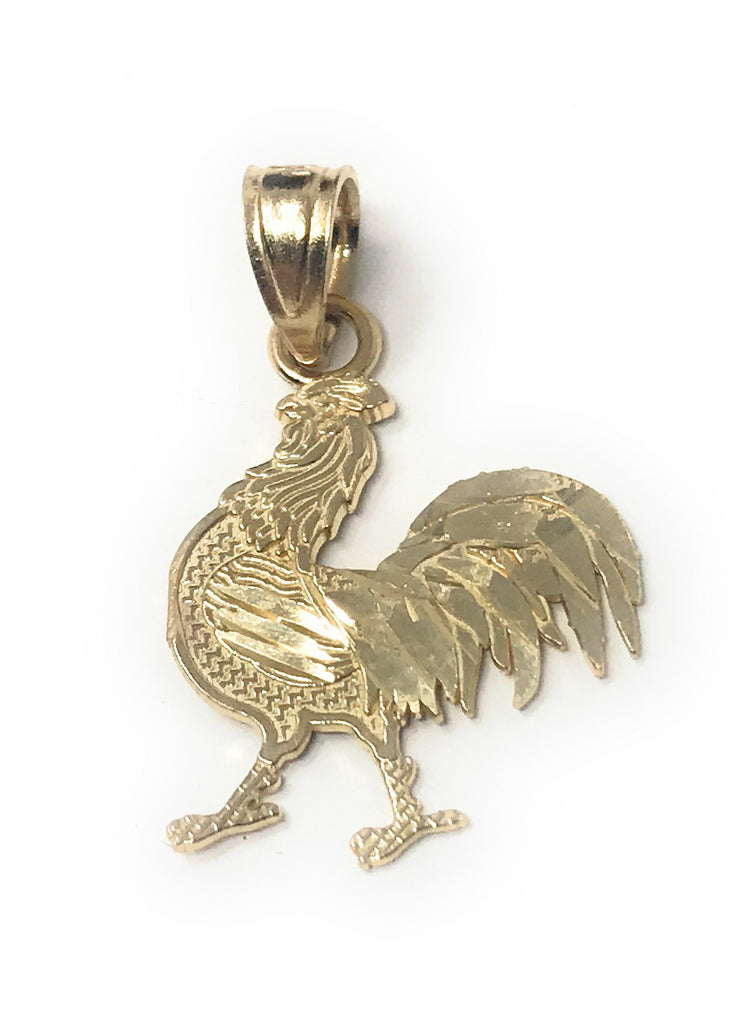 14K Gold Rooster Charm Pendant with 1.5mm Flat Open Wheat Chain Necklace