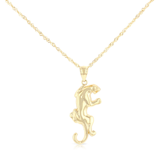 14K Gold Puma Charm Pendant with 1.8mm Singapore Chain Necklace