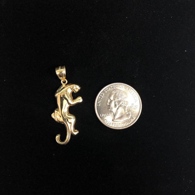 14K Gold Puma Charm Pendant with 2mm Flat Open Wheat Chain Necklace