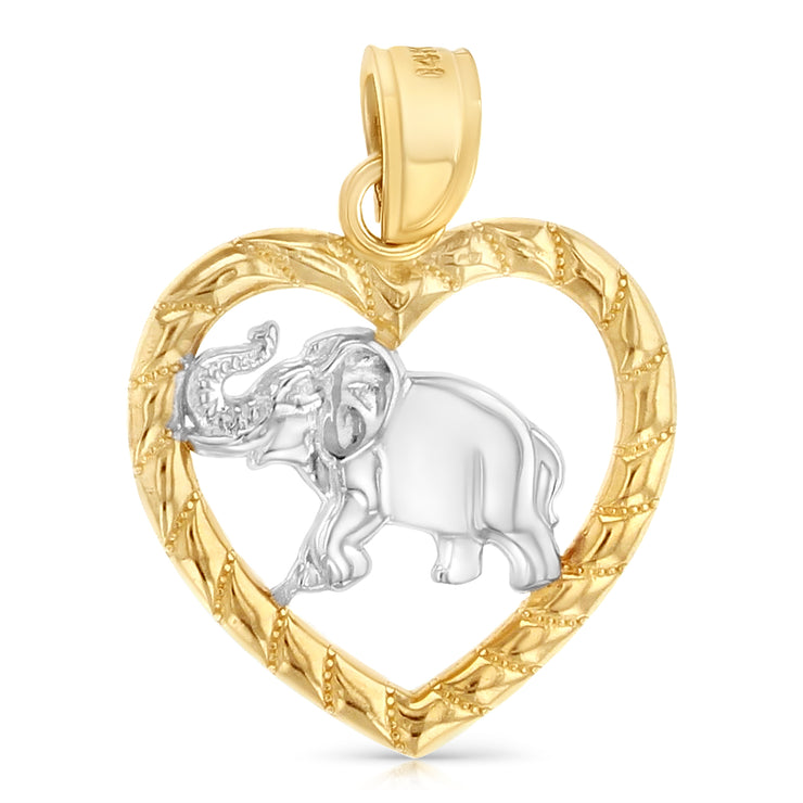 14K Gold Elephant Heart Charm Pendant with 1.2mm Singapore Chain Necklace