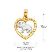 14K Gold Elephant Heart Charm Pendant with 0.8mm Box Chain Necklace