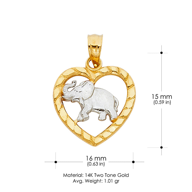 14K Gold Elephant Heart Charm Pendant with 1.5mm Flat Open Wheat Chain Necklace