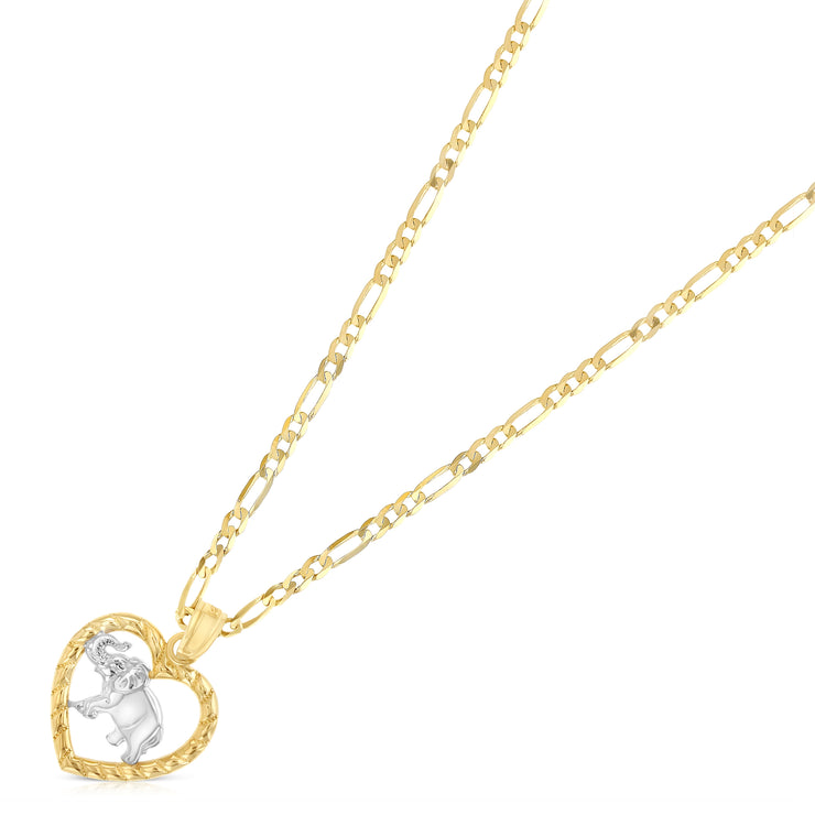 14K Gold Elephant Heart Charm Pendant with 2.3mm Figaro 3+1 Chain Necklace