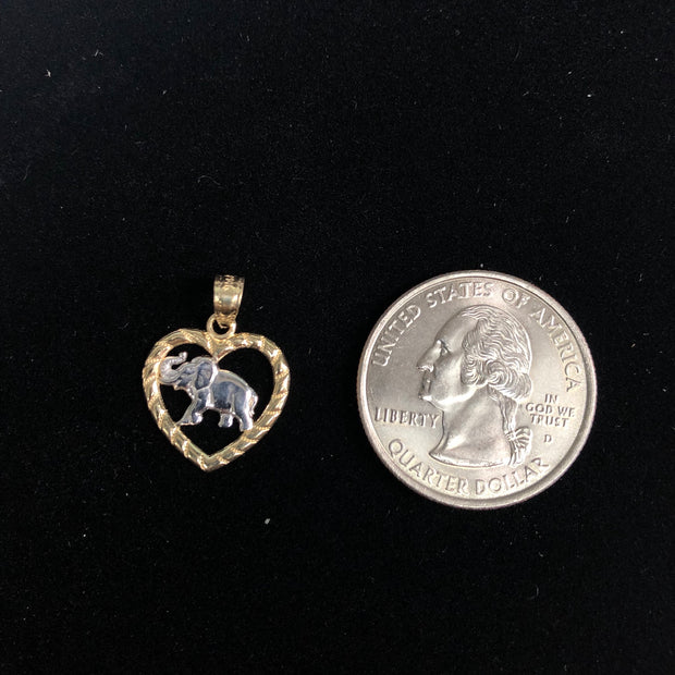 14K Gold Elephant Heart Charm Pendant with 1.5mm Flat Open Wheat Chain Necklace