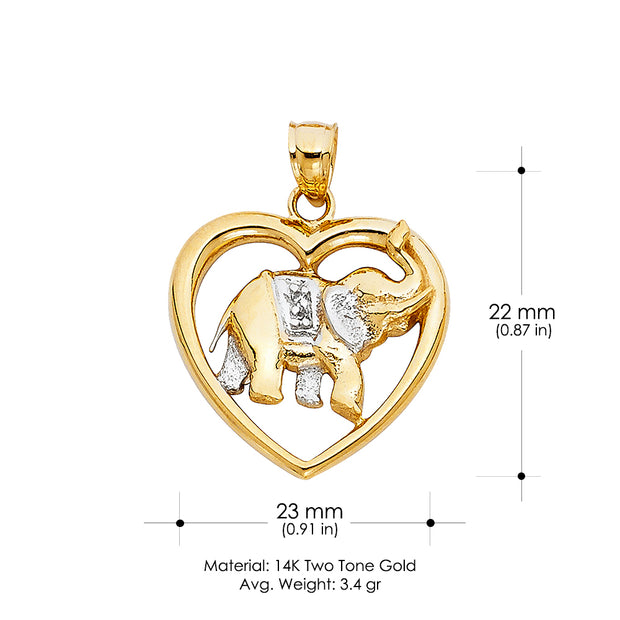 14K Gold Elephant Heart Charm Pendant with 1.8mm Singapore Chain Necklace