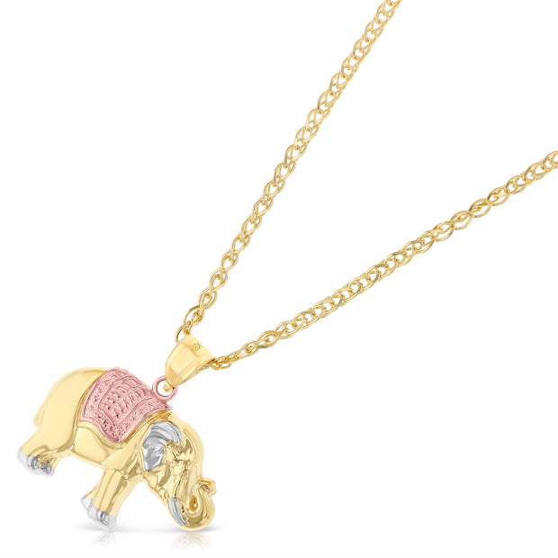 14K Gold Elephant Charm Pendant with 2mm Flat Open Wheat Chain Necklace