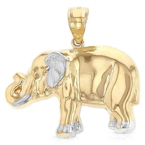 14K Gold Elephant Charm Pendant with 2mm Flat Open Wheat Chain Necklace
