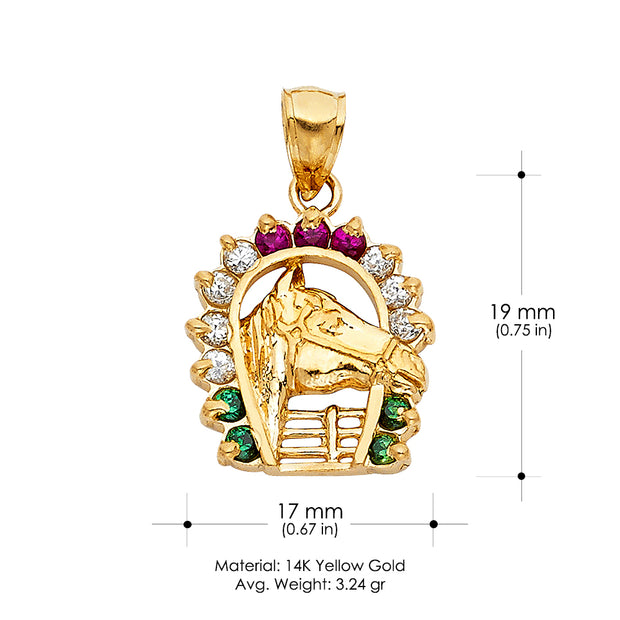 14K Gold CZ Lucky Horseshoe Charm Pendant