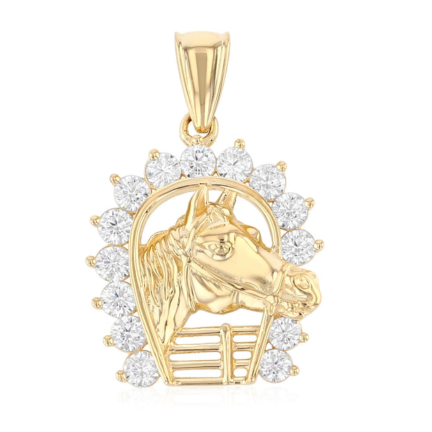 14K Gold CZ Lucky Horseshoe Charm Pendant with 3.1mm Figaro 3+1 Chain Necklace